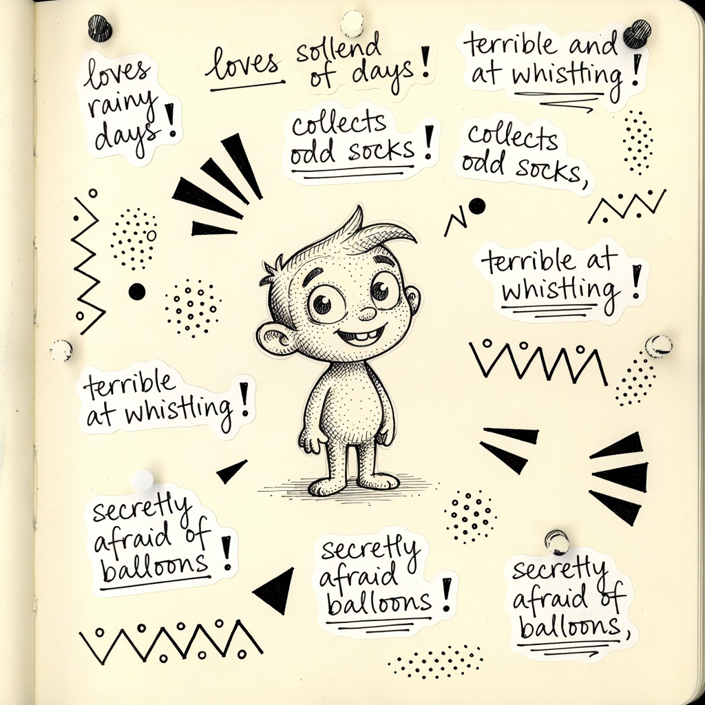 Cartoon character with personality notes - the identity layer