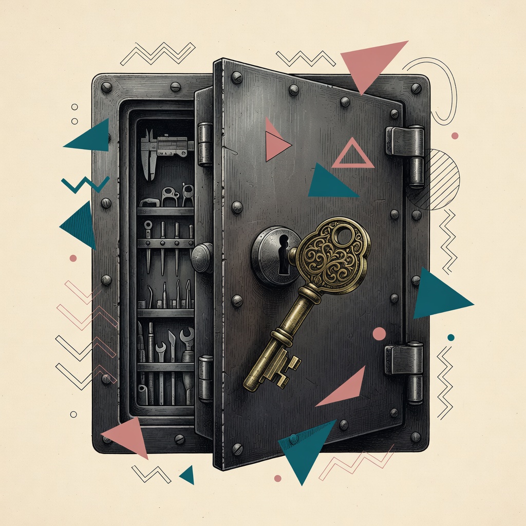 1Password CLI - antique key sliding into a vault keyhole revealing tools.
